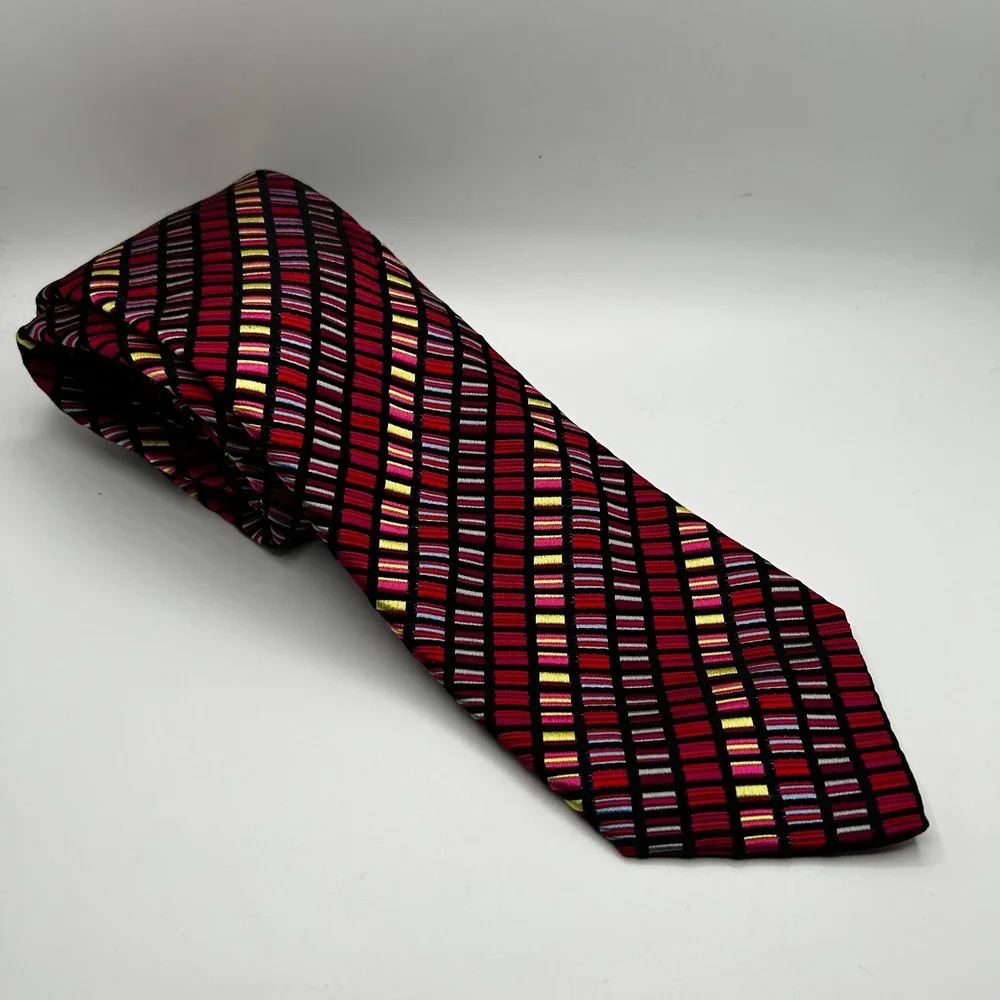 Duchamp‎ London Mens Silk Tie Red Pink Yellow Geometric Grid Made in England